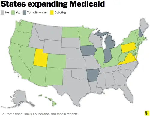 Karte der USA mit Staaten, die Medicaid nach dem ACA erweitert haben. Quelle: Vox