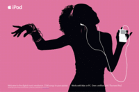 iPod-Anzeige mit einer schwarzen Silhouette eines Mädchens, das einen weißen iPod mit Ohrhörern trägt. Rosa Hintergrund.