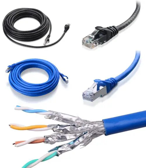 Aussehen des Cat6-Kabels (schwarz) im Vergleich zum Cat6a-Kabel (blau). Das untere Bild zeigt die zusätzliche Abschirmung, die normalerweise im Cat6a zu finden ist. Klicken um zu vergrößern. Bilder von Cable Matters.