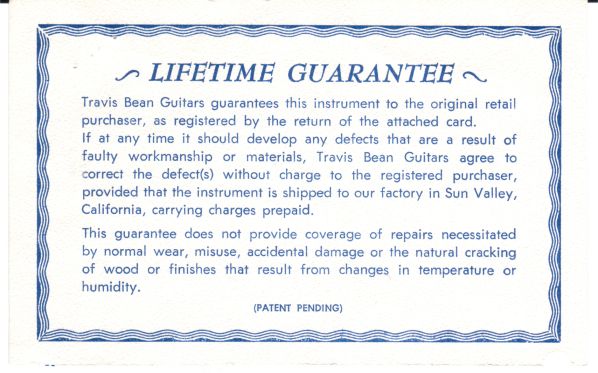 Ein Beispiel für eine lebenslange Garantie eines Gitarrenherstellers. Hier haben sie beschlossen, es eine "Garantie" zu nennen. Rechtlich gibt es keinen Unterschied; Es ist immer noch eine ausdrückliche Garantie.