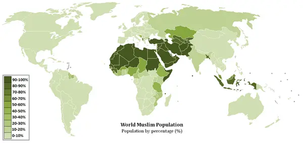 Muslimische Bevölkerung auf der ganzen Welt, ausgedrückt als Prozentsatz der Gesamtbevölkerung jedes Landes.