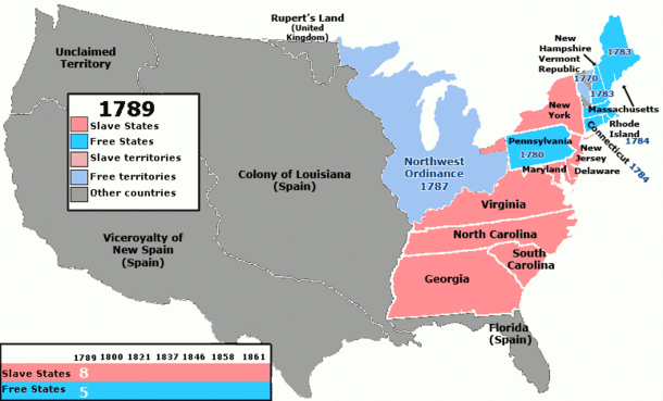Eine animierte Karte der USA, die zeigt, welche Staaten vor und während des Bürgerkriegs freie Staaten (blau), freie Gebiete (hellblau), Sklavenstaaten (rot) und Sklavengebiete (hellrot) waren.