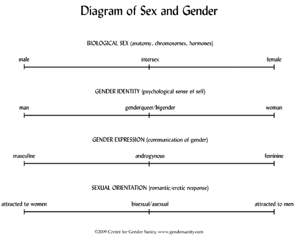 Diagramme, die die Beziehungen zwischen den Konzepten von Geschlecht und Geschlecht zeigen. Bild vom Zentrum für Gender Sanity.