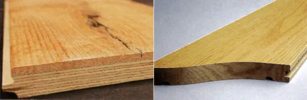 Schauen Sie sich nebeneinander die konstruktiven Unterschiede zwischen Hartholz (links) und Massivholz (rechts) an. Bild von 2013 Bodenbelag Nachrichten.