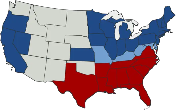 US-Karte, die zeigt, welche Staaten der Union angehörten (dunkelblau), welche der Union angehörten, aber Sklaverei erlaubten (hellblau) und welche der Konföderation gehörten (rot).
