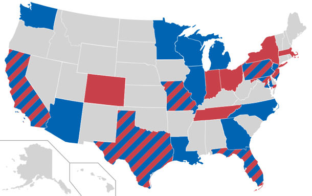 Staaten mit Rot haben AFC-Teams. Staaten mit Blau haben NFC-Teams. Einige Staaten haben mehrere Teams, mit einem AFC, dem anderen NFC. Hinweis: Die New York Giants (NFC) und New York Jets (AFC) spielen beide tatsächlich in New Jersey. Die Karte spiegelt dies wider.