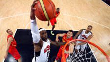 United States' LeBron James (6) dunks against Spain during the men's gold medal basketball game at the 2012 Summer Olympics in London
