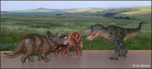 Eine Illustration, die sich einen Kampf zwischen zwei Triceratops gegen einen Tyrannosaurus vorstellt