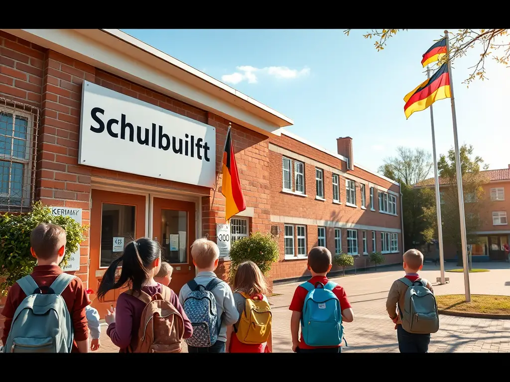 Create a realistic image of a German school building exterior with a sign reading "Schulpflicht" prominently displayed, children of diverse ethnicities wearing backpacks entering the school, German flag flying, clock showing 8:00 AM, bright morning sunlight, trees and well-maintained grounds in the background.