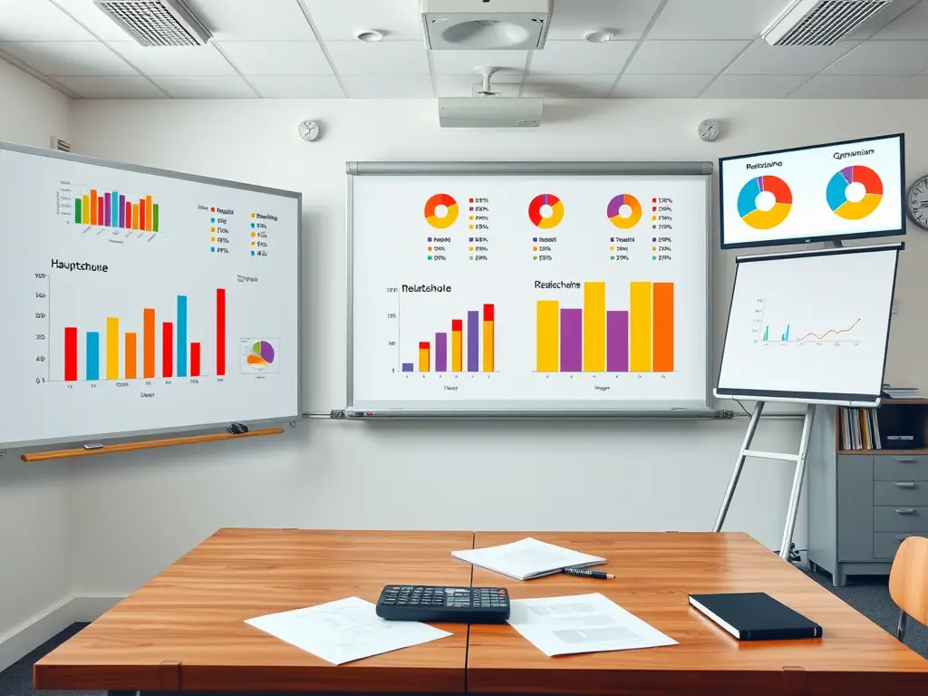 Create a realistic image of a classroom with a large whiteboard displaying colorful bar graphs and pie charts showing educational statistics, with German labels like "Hauptschule," "Realschule," and "Gymnasium" visible on the charts, a projector screen showing similar data, and a wooden teacher's desk in the foreground with scattered papers and a calculator.