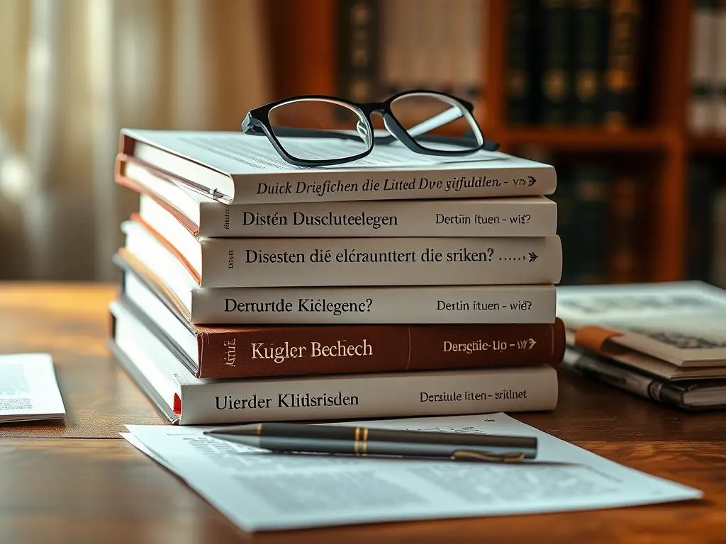 Create a realistic image of a stack of academic books and papers with German text visible on their spines and covers, a pair of reading glasses resting on top, and a pen lying nearby on a wooden desk surface, with soft, warm lighting creating a studious atmosphere.