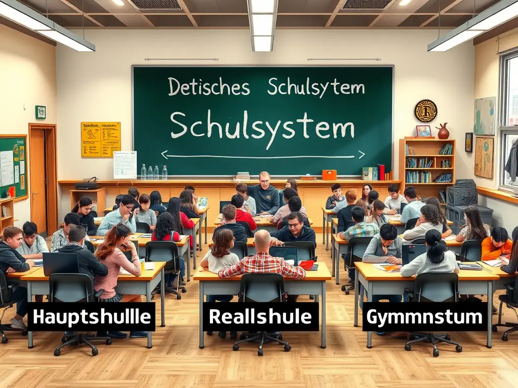 Create a realistic image of a German classroom with three distinct sections, each labeled "Hauptschule," "Realschule," and "Gymnasium" in bold text. Show diverse groups of students seated in each section, with varying school supplies and textbooks visible. Include a large chalkboard in the background with "Deutsches Schulsystem" written on it. The room should have typical classroom lighting and decorations representing German education.