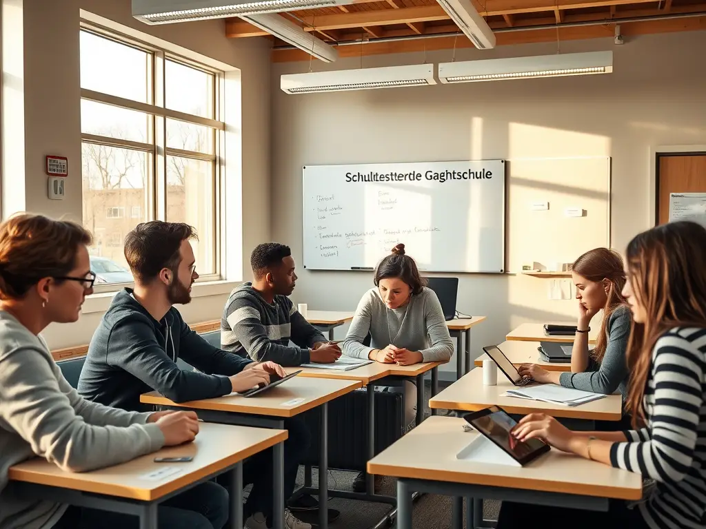 Create a realistic image of a modern classroom with a diverse group of students, including white and black males and females, engaged in a collaborative project. The room features flexible seating arrangements, interactive whiteboards, and tablets on desks. A sign on the wall reads "Schulversuch: Integrierte Gesamtschule" in German. Warm, natural lighting streams through large windows, creating an inviting atmosphere for innovative learning.