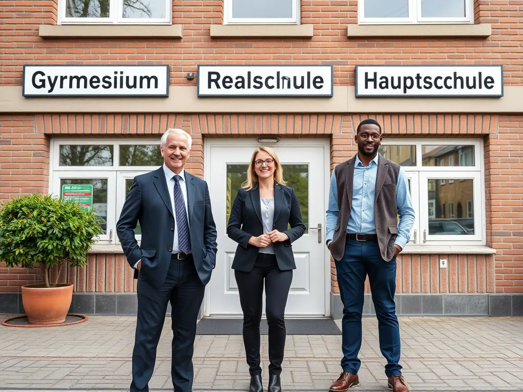 Create a realistic image of three German teachers standing in front of a school building, each representing a different type of secondary school. One white male teacher wears a formal suit for Gymnasium, one white female teacher in business casual for Realschule, and one black male teacher in smart casual for Hauptschule. The school building facade shows signs for "Gymnasium," "Realschule," and "Hauptschule." The teachers have welcoming expressions, conveying the personal aspect of education.