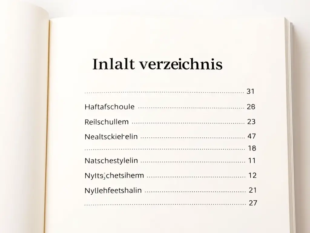 Create a realistic image of a clean, modern table of contents page for a German educational book, with "Inhaltsverzeichnis" as the title in bold font, and listing topics related to Hauptschule, Realschule, and Gymnasium, against a light background with subtle German flag colors (black, red, gold) as design elements.