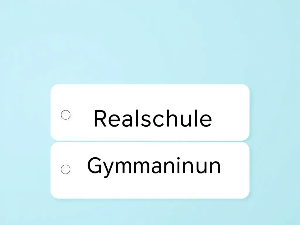 Create a realistic image of a simple, modern navigation menu interface with German text labels for "Hauptschule," "Realschule," and "Gymnasium" against a light blue background, featuring clean lines and a minimalist design to represent the German school system hierarchy.