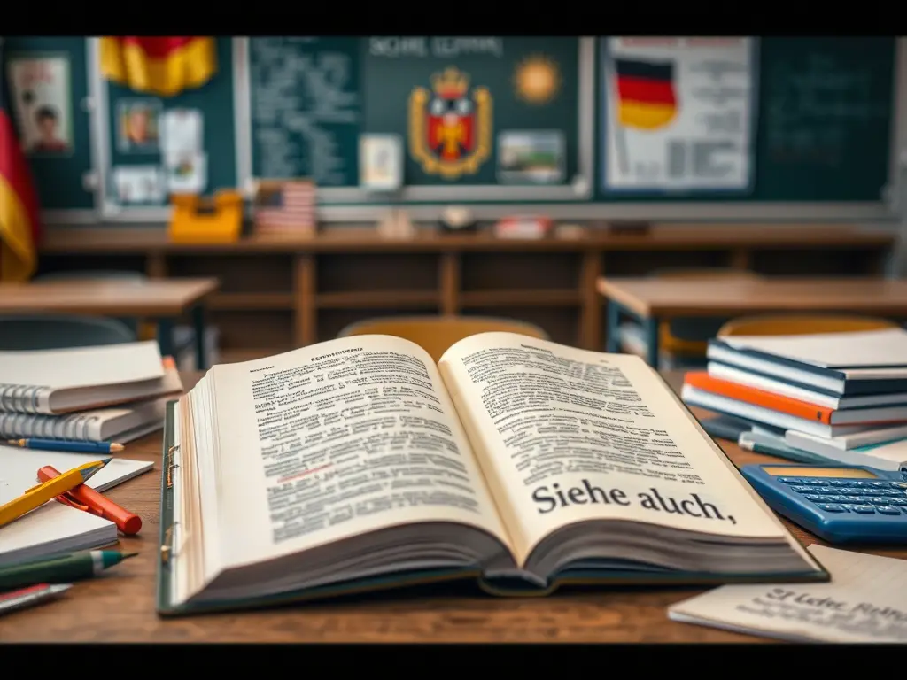 Create a realistic image of an open German textbook on a desk with "Siehe auch" (German for "See also") visible as a section heading, surrounded by scattered educational materials like pens, notebooks, and a calculator, with a blurred background of a classroom setting featuring German flags and educational posters about the German school system.