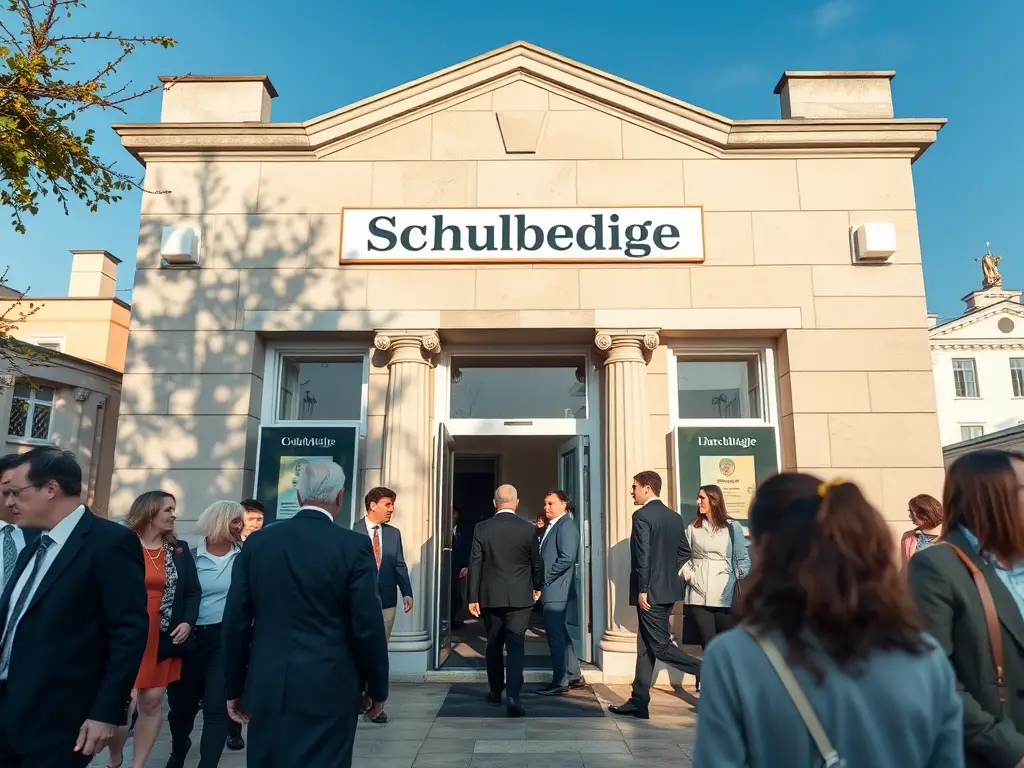 Create a realistic image of a government building exterior with a sign in German reading "Schulbehörde" (Education Authority), featuring a diverse group of people including white and black adults of both genders, some wearing formal attire, entering and exiting the building, with a backdrop of other official-looking structures and a clear blue sky.