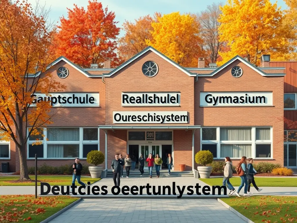 Create a realistic image of a German school building exterior with three distinct sections labeled "Hauptschule," "Realschule," and "Gymnasium," surrounded by a colorful autumn landscape, with students of diverse ethnicities walking between the sections, and a large sign at the entrance reading "Deutsches Oberschulsystem" in bold letters.