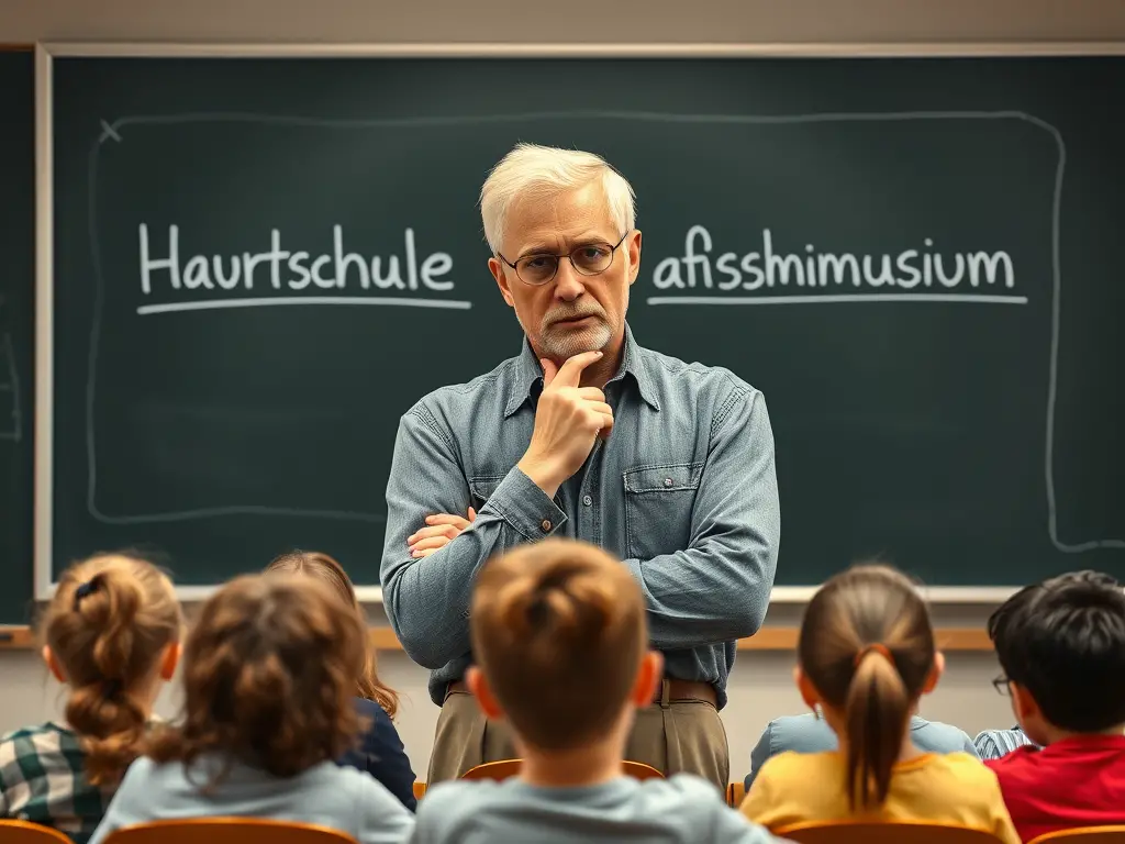 Create a realistic image of a thoughtful middle-aged white male teacher standing in front of a chalkboard with "Hauptschule, Realschule, Gymnasium" written on it, his hand on his chin in a contemplative pose, with a diverse group of students seated at desks in the foreground, some looking confused or frustrated, symbolizing the debate and criticism surrounding the German school system.