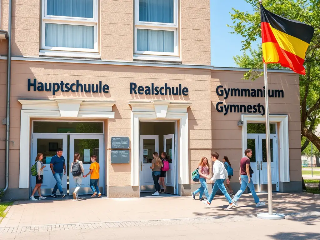 Create a realistic image of a German school building facade with three distinct entrances labeled "Hauptschule," "Realschule," and "Gymnasium" in bold letters. Show diverse students of various ages entering through different doors. Include the German flag flying on a pole in the foreground. The scene should be set on a bright, sunny day with trees and a playground visible in the background.