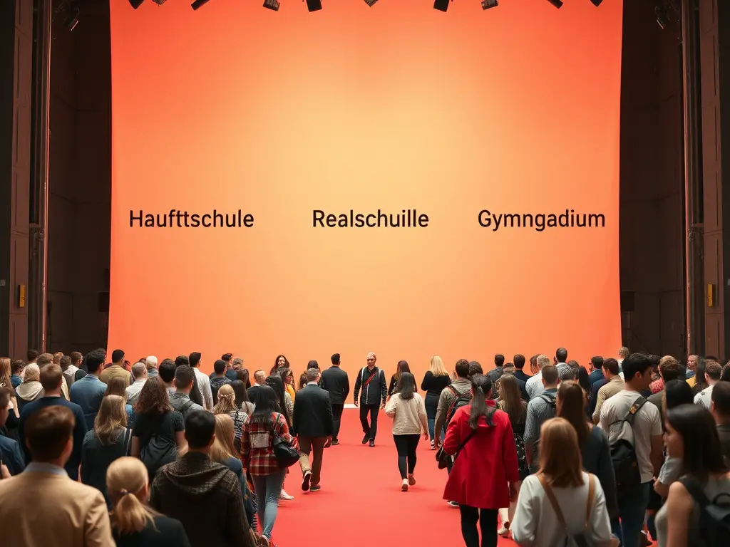 Create a realistic image of a graduation ceremony backdrop with three distinct paths symbolizing Hauptschule, Realschule, and Gymnasium, each leading to different career opportunities, with a diverse group of students walking towards their chosen paths, showcasing unity in diversity within the German education system.