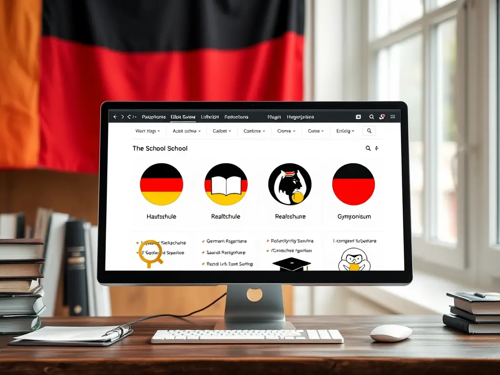 Create a realistic image of a computer screen displaying a webpage with multiple hyperlinks related to the German school system, showing icons for Hauptschule, Realschule, and Gymnasium. The screen is placed on a wooden desk with a German flag and textbooks visible in the background.