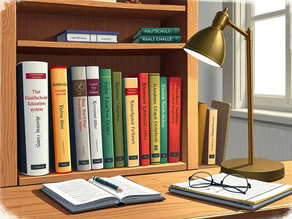 Create a realistic image of a wooden bookshelf filled with academic textbooks and reference materials related to the German education system, focusing on titles about Hauptschule, Realschule, and Gymnasium. A desk lamp illuminates the scene, casting a warm glow on the books' spines. A notepad with handwritten notes and a pair of reading glasses rest on a nearby desk, suggesting active research.