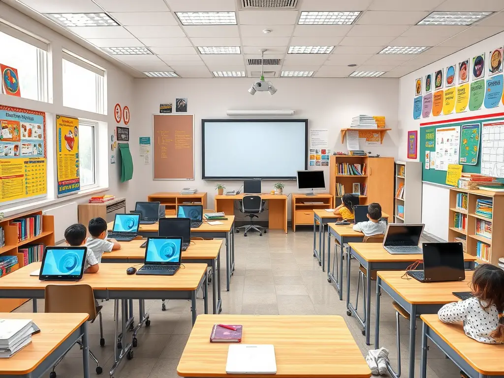 Create a realistic image of a modern German classroom with diverse educational technology, including smartboards, tablets, and laptops. Show well-organized desks, colorful educational posters on the walls, and a mix of traditional and digital learning materials. Include bookshelves with textbooks and a teacher's desk with a computer.